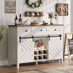 Bauernhaus-Sideboard mit Weinschrank und Schubladen, Weinschrank aus Holz mit verschiebbaren Scheunentüren, rustikale Kaffeestation für das Esszimmer