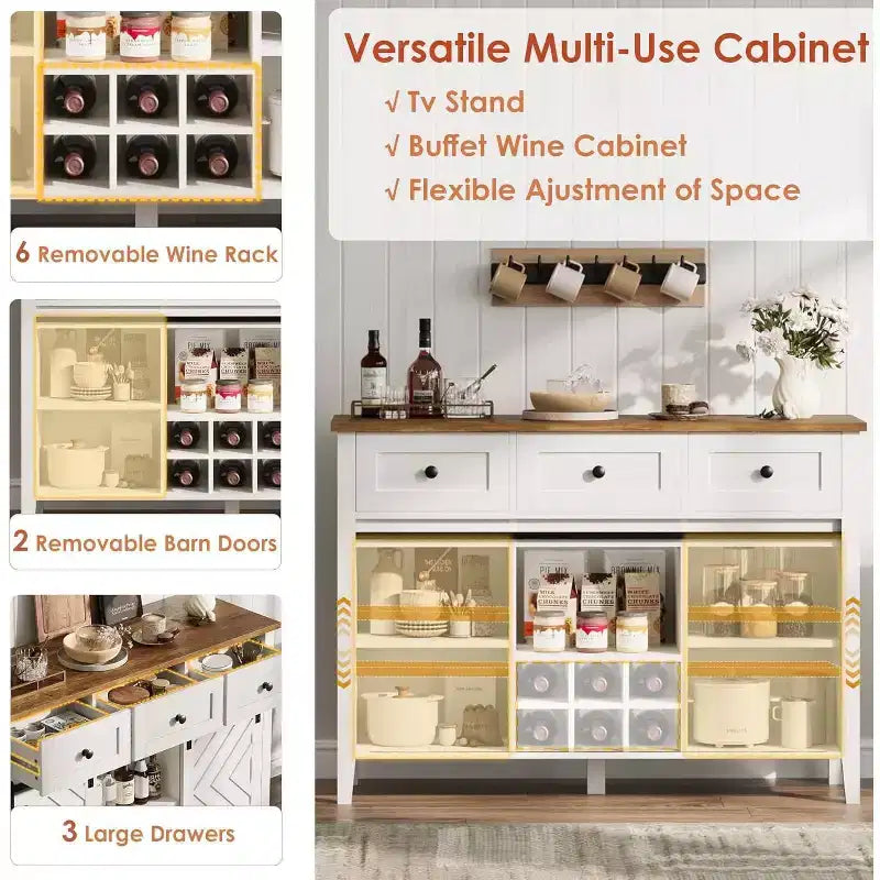 Bauernhaus-Sideboard mit Weinschrank und Schubladen, Weinschrank aus Holz mit verschiebbaren Scheunentüren, rustikale Kaffeestation für das Esszimmer