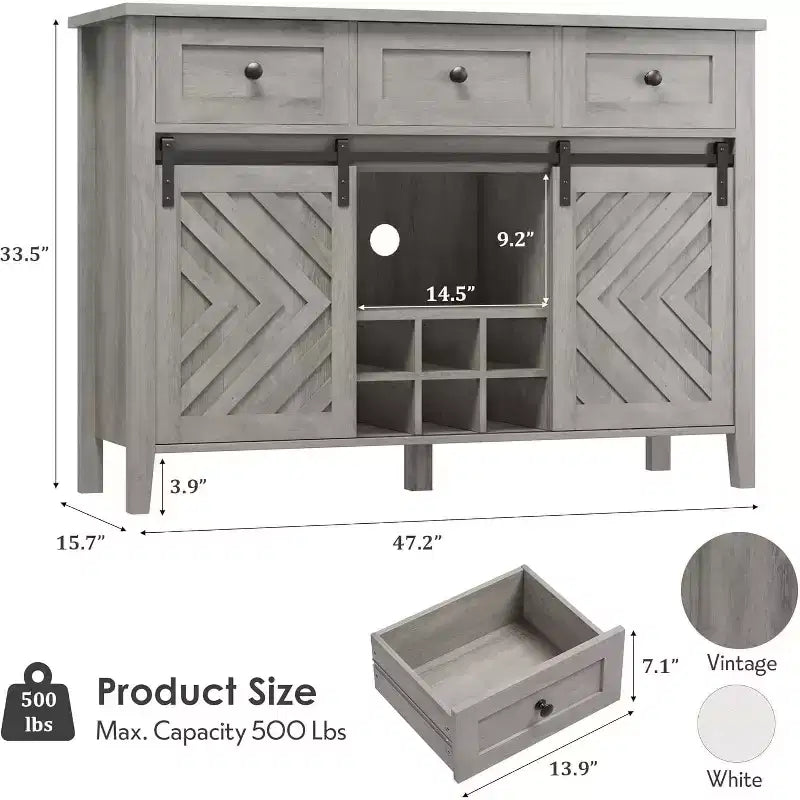 Bauernhaus-Sideboard mit Weinschrank und Schubladen, Weinschrank aus Holz mit verschiebbaren Scheunentüren, rustikale Kaffeestation für das Esszimmer