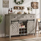 Bauernhaus-Sideboard mit Weinschrank und Schubladen, Weinschrank aus Holz mit verschiebbaren Scheunentüren, rustikale Kaffeestation für das Esszimmer