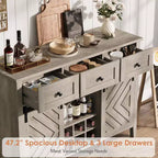 Bauernhaus-Sideboard mit Weinschrank und Schubladen, Weinschrank aus Holz mit verschiebbaren Scheunentüren, rustikale Kaffeestation für das Esszimmer