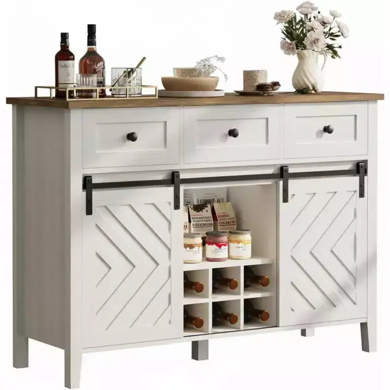 Bauernhaus-Sideboard mit Weinschrank und Schubladen, Weinschrank aus Holz mit verschiebbaren Scheunentüren, rustikale Kaffeestation für das Esszimmer
