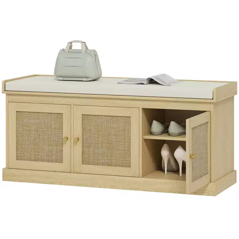 Schuhbank mit Kissen, geflochtenem Rattan und verstellbaren Regalen für 9 Paar Schuhe, für Eingangsbereich und Schlafzimmer, 130 kg Tragkraft