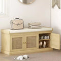  Shoe Storage Bench with Woven Rattan, Shoe Bench with Cushion, Adjustable Shelves, Entryway Bench for Bedroom, Living Room