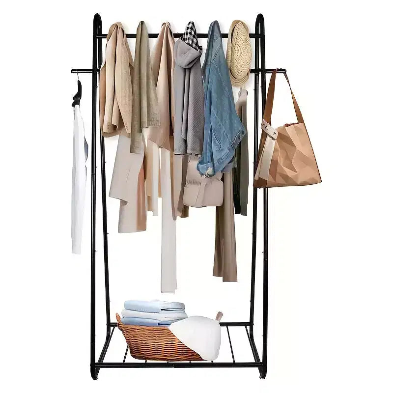 Heavy Duty Black Garment Rack with 6 Hooks & Shoe Shelf, 16D x 41W x 66H, Freestanding Rolling Clothes Organizer for Bedroom & Living Room