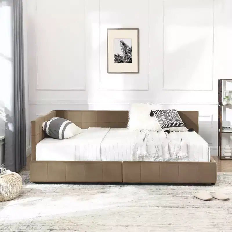  Full Size Storage Upholstered Tufted Bed Frame with Backrest and Armrests for Bedroom Living Room Dark Brown