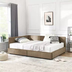 Tagesbett im Mid-Century-Stil, durchgehend, mit Aufbewahrungsschubladen, getufteter Samtpolsterung, Rückenlehne und Armlehnen, Dunkelbraun