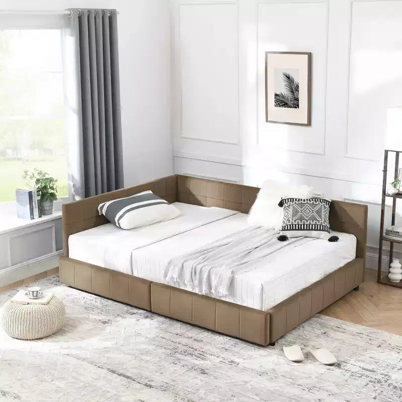 Tagesbett im Mid-Century-Stil, durchgehend, mit Aufbewahrungsschubladen, getufteter Samtpolsterung, Rückenlehne und Armlehnen, Dunkelbraun