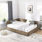 Tagesbett im Mid-Century-Stil, durchgehend, mit Aufbewahrungsschubladen, getufteter Samtpolsterung, Rückenlehne und Armlehnen, Dunkelbraun