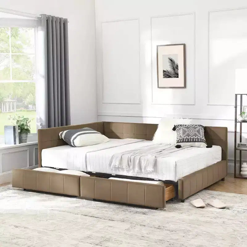 Tagesbett im Mid-Century-Stil, durchgehend, mit Aufbewahrungsschubladen, getufteter Samtpolsterung, Rückenlehne und Armlehnen, Dunkelbraun