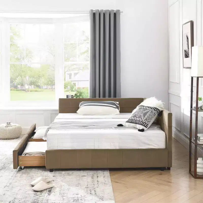 Tagesbett im Mid-Century-Stil, durchgehend, mit Aufbewahrungsschubladen, getufteter Samtpolsterung, Rückenlehne und Armlehnen, Dunkelbraun