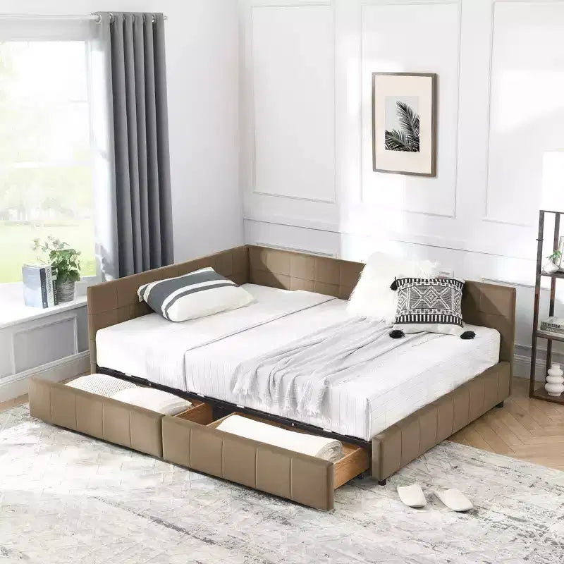 Tagesbett im Mid-Century-Stil, durchgehend, mit Aufbewahrungsschubladen, getufteter Samtpolsterung, Rückenlehne und Armlehnen, Dunkelbraun