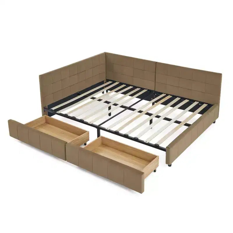Tagesbett im Mid-Century-Stil, durchgehend, mit Aufbewahrungsschubladen, getufteter Samtpolsterung, Rückenlehne und Armlehnen, Dunkelbraun