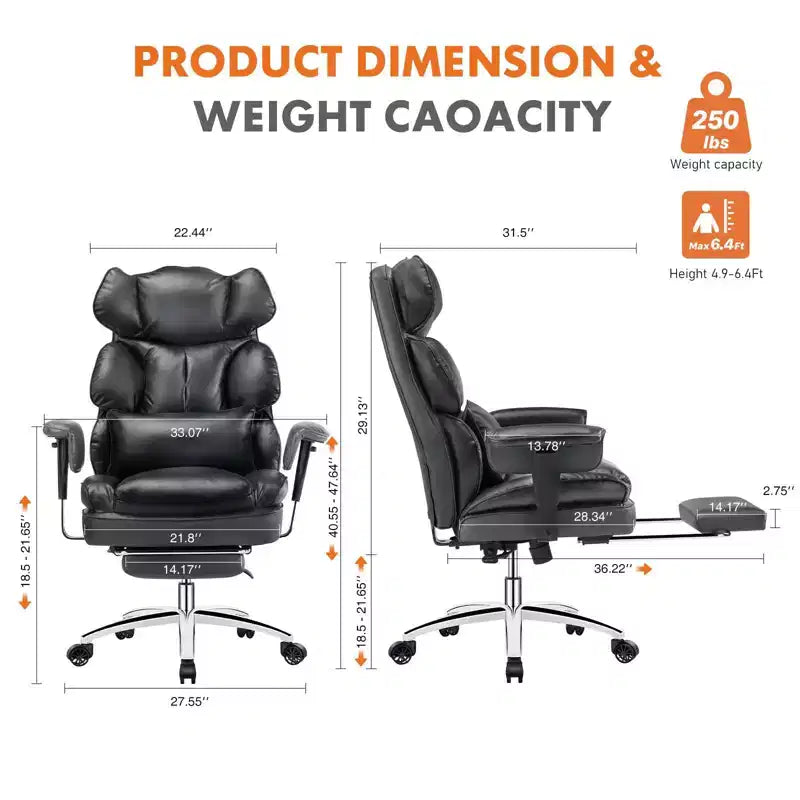 Büro-Chefsessel mit hoher Rückenlehne, ausziehbarer Fußstütze, höhenverstellbar und drehbaren Rollen, ergonomisch