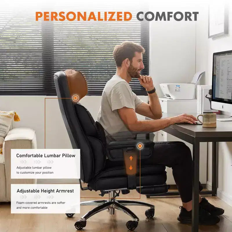 Büro-Chefsessel mit hoher Rückenlehne, ausziehbarer Fußstütze, höhenverstellbar und drehbaren Rollen, ergonomisch