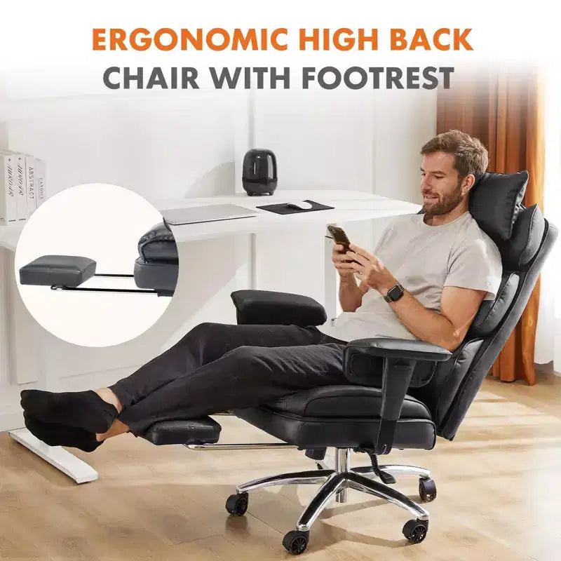 Büro-Chefsessel mit hoher Rückenlehne, ausziehbarer Fußstütze, höhenverstellbar und drehbaren Rollen, ergonomisch