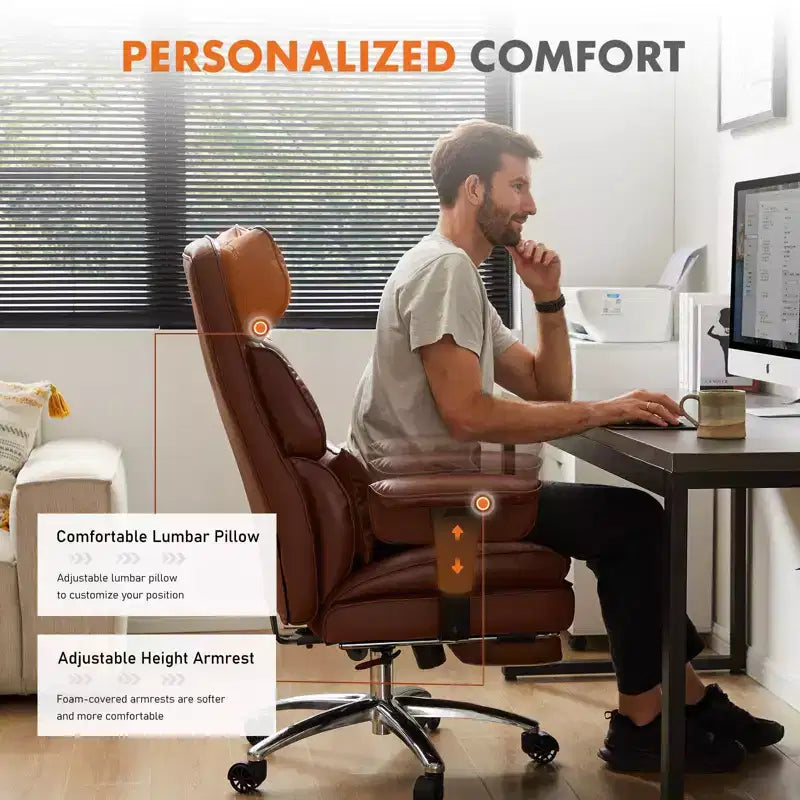 Büro-Chefsessel mit hoher Rückenlehne, ausziehbarer Fußstütze, höhenverstellbar und drehbaren Rollen, ergonomisch