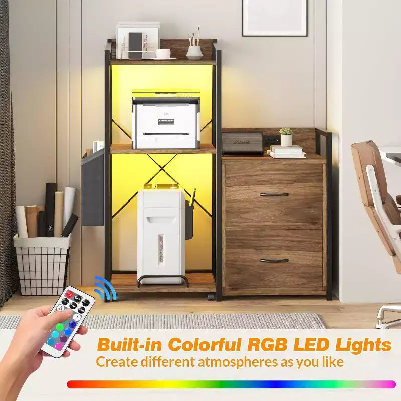 2-Schubladen-Aktenschrank mit Steckdosenleiste, verstellbaren Einlegeböden und RGB-LED, für Brief-/Legal-/A4-Format, Heimbüro