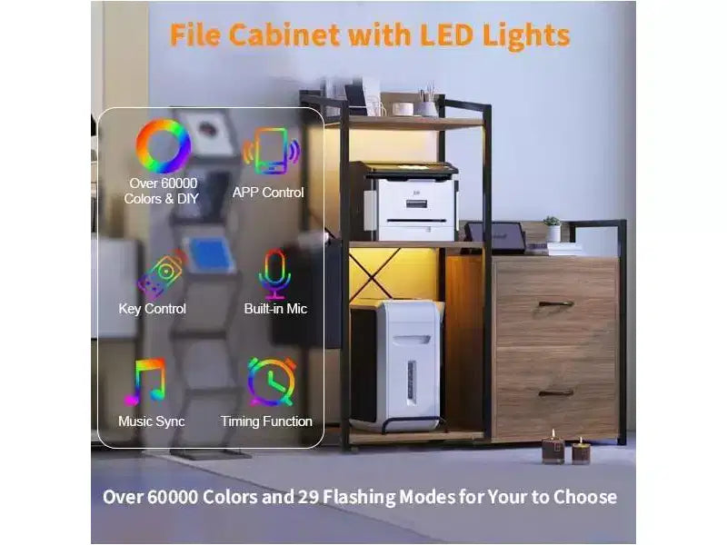 2-Schubladen-Aktenschrank mit Steckdosenleiste, verstellbaren Einlegeböden und RGB-LED, für Brief-/Legal-/A4-Format, Heimbüro