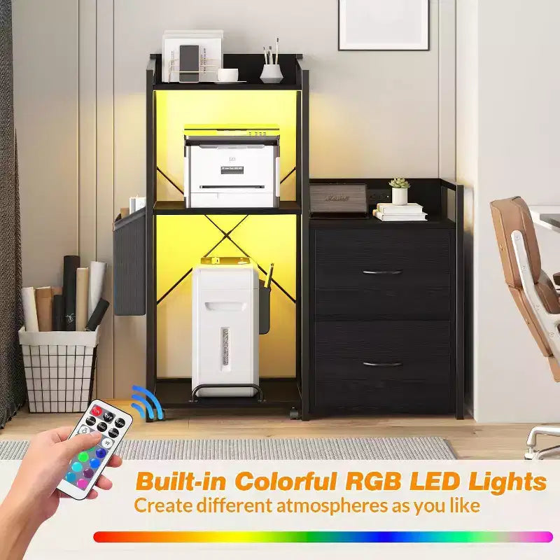 2-Schubladen-Aktenschrank mit Steckdosenleiste, verstellbaren Einlegeböden und RGB-LED, für Brief-/Legal-/A4-Format, Heimbüro