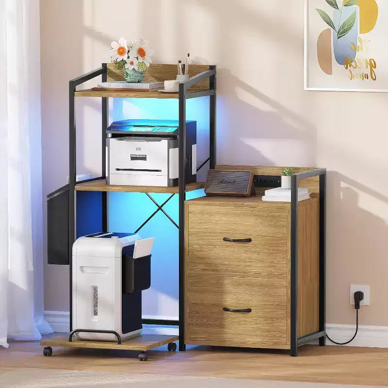 2-Schubladen-Aktenschrank mit Steckdosenleiste, verstellbaren Einlegeböden und RGB-LED, für Brief-/Legal-/A4-Format, Heimbüro