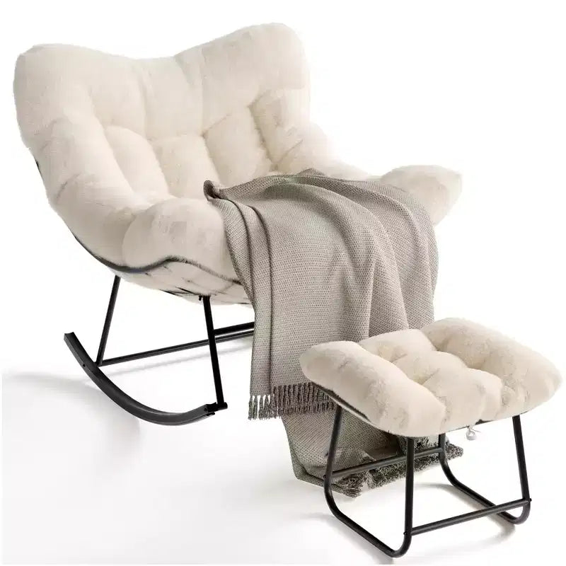 Papasan Rocking Chair with Footrest,4-Piece Steel Frame Egg Chair,Metal Patio Lounge Rocking Chair with Ottoman & Thick Cushion,400lb Capacity