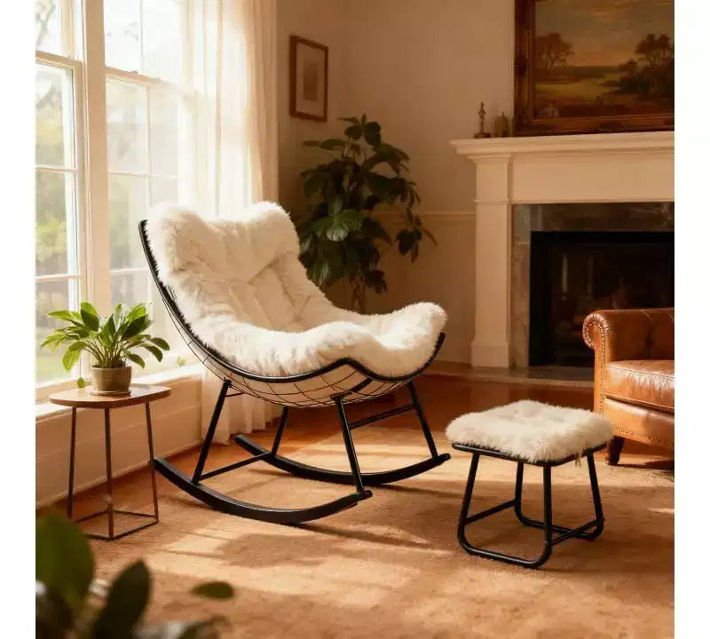 Papasan Schaukelstuhl mit Ottomane, 4-teiliger Eierstuhl mit Stahlrahmen, dickes Kissen, 180 kg Tragkraft