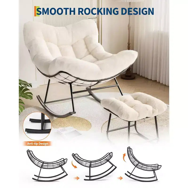 Papasan Schaukelstuhl mit Ottomane, 4-teiliger Eierstuhl mit Stahlrahmen, dickes Kissen, 180 kg Tragkraft