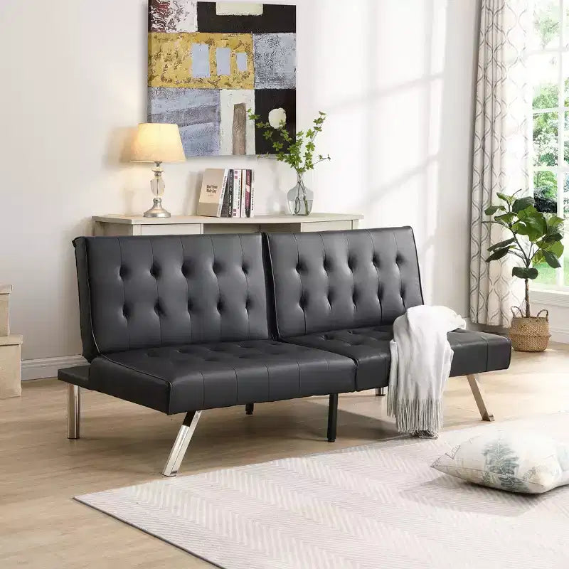  66.9 Inch PVC/Fabric Convertible Folding Futon Sofa Bed with Stainless Legs for Living Room,Office,Apartment,Bedroom,Black