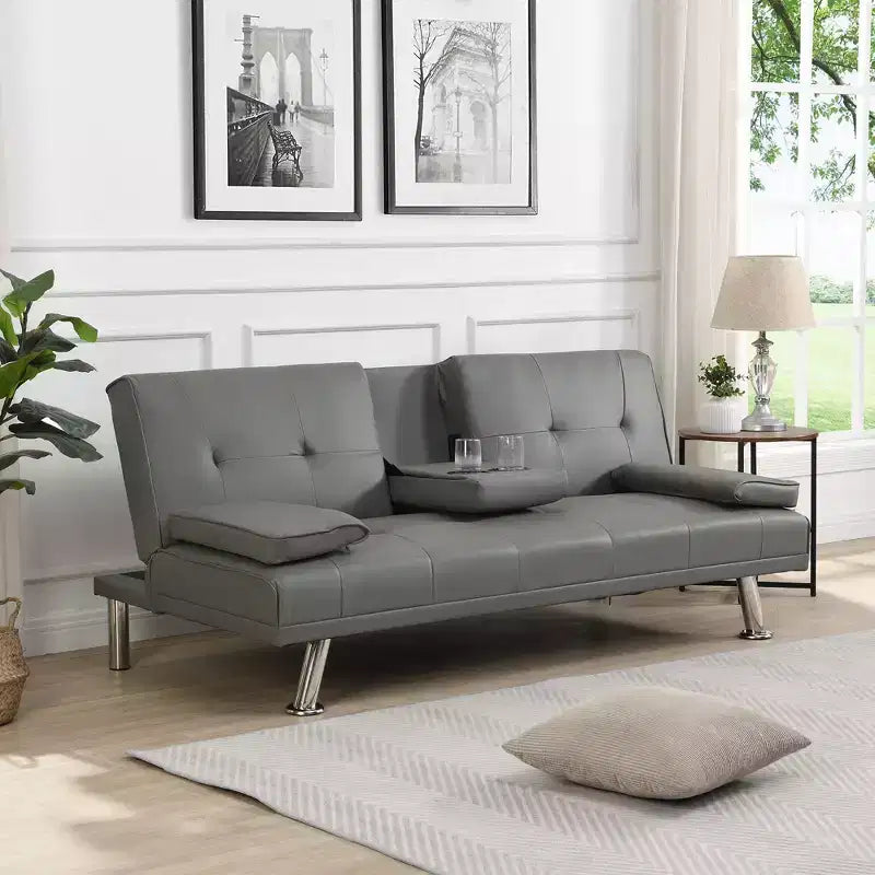 66,9 Zoll PVC/Stoff Verwandlungsfähiges Klapp-Futonsofabett mit Edelstahlbeinen für Wohnzimmer, Büro, Apartment, Schlafzimmer, Schwarz