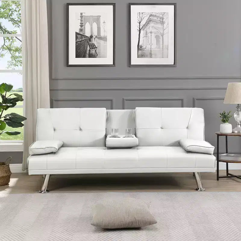  66.1 Inch PVC Convertible Folding Futon Sofa Bed with 2 Cup Holders for Living Room,Office,Apartment,Bedroom