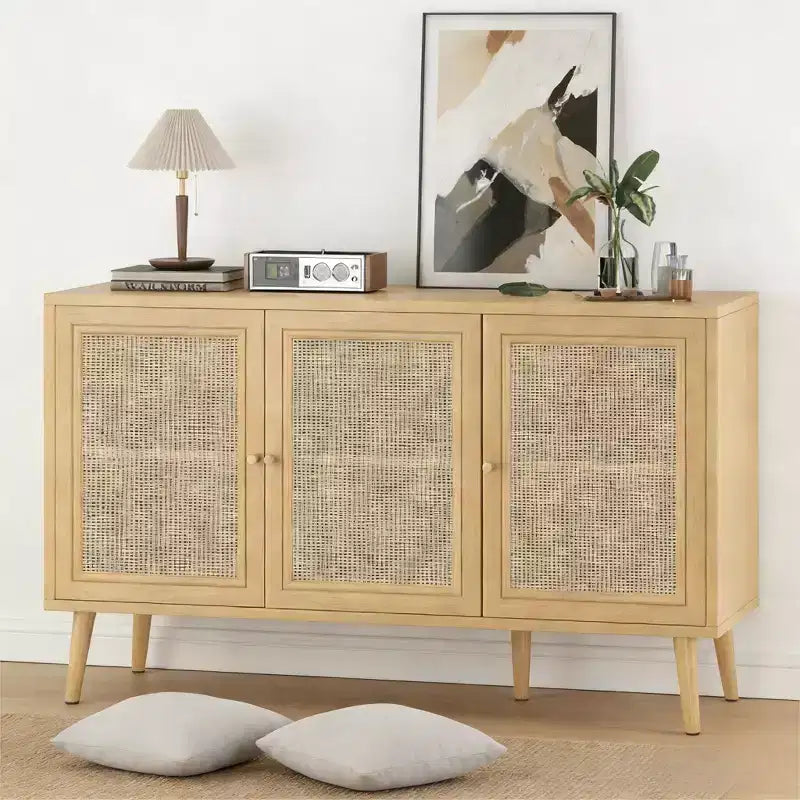  15-inch Sideboard with 3 Rattan Doors, Modern Kitchen Storage Console, Suitable for Entryway or Living Room, Natural Finish