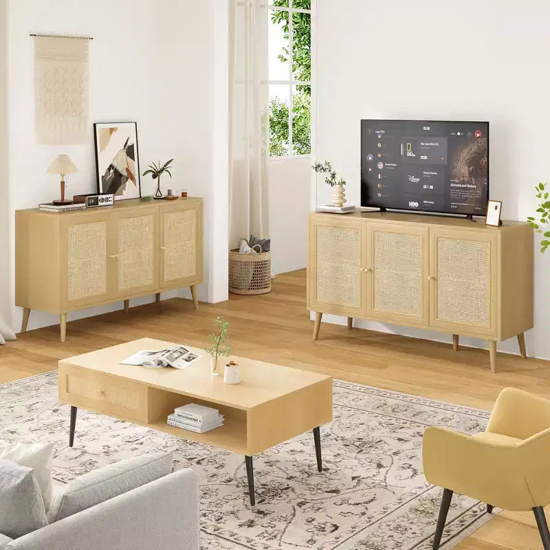 15-Zoll Sideboard mit 3 Rattantüren, modernes Küchenschrank-Konsol, geeignet für Eingangsbereich oder Wohnzimmer, Naturfarben
