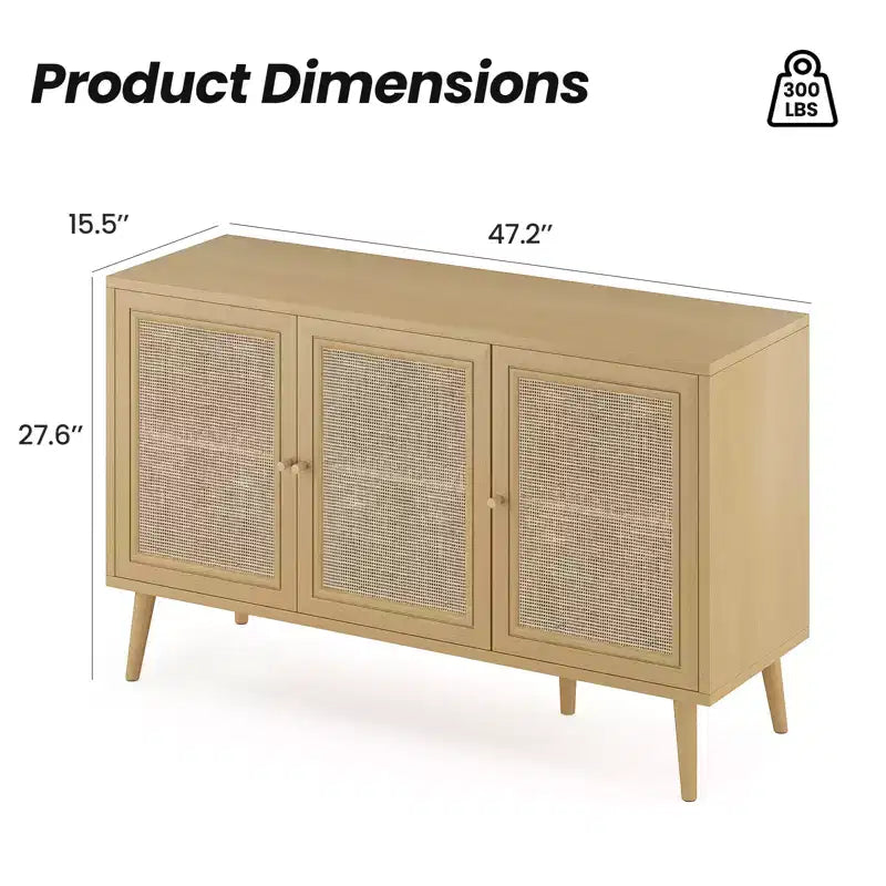 15-Zoll Sideboard mit 3 Rattantüren, modernes Küchenschrank-Konsol, geeignet für Eingangsbereich oder Wohnzimmer, Naturfarben