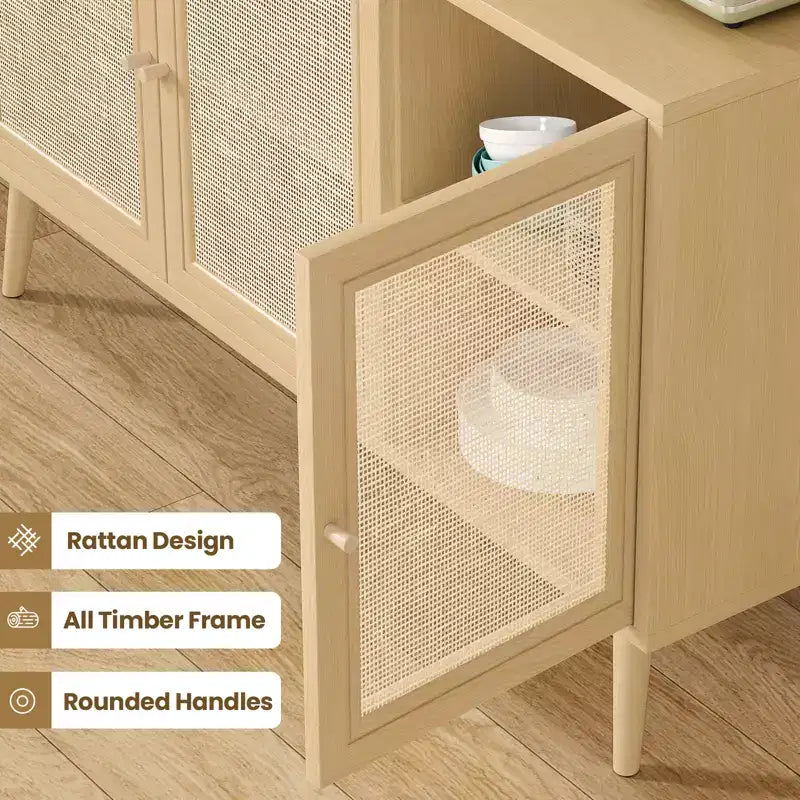 15-Zoll Sideboard mit 3 Rattantüren, modernes Küchenschrank-Konsol, geeignet für Eingangsbereich oder Wohnzimmer, Naturfarben