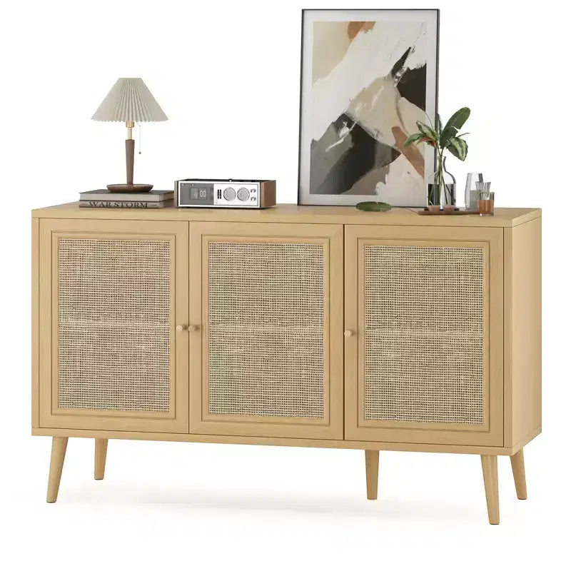 15-Zoll Sideboard mit 3 Rattantüren, modernes Küchenschrank-Konsol, geeignet für Eingangsbereich oder Wohnzimmer, Naturfarben