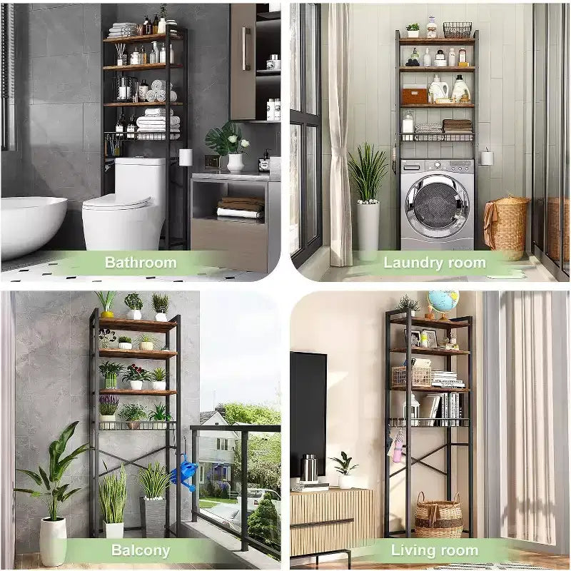WC-Regal mit 3 offenen Ablagen, Korb, Haken und Toilettenpapierhalter – Vintage-brauner Badezimmer-Organizer aus Metall