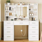 Vanity Desk with Mirror and Lights 9 Drawers 6 Shelves 3 Lighting Modes Adjustable Brightness