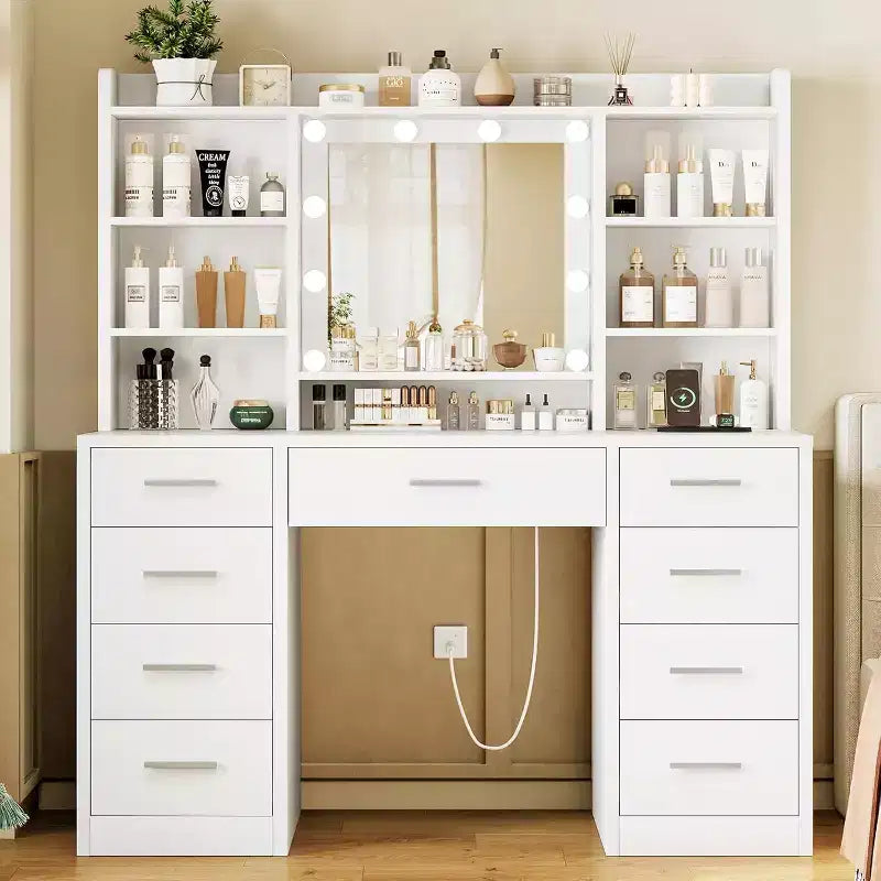 Vanity Desk with Mirror and Lights 9 Drawers 6 Shelves 3 Lighting Modes Adjustable Brightness