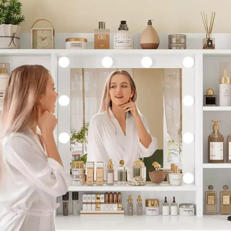 Schminktisch mit beleuchtetem Spiegel, 9 Schubladen & 6 Ablagen, 3 Beleuchtungsmodi, Steckdosen & USB-Anschlüssen â€?Weißer Make-up-Tisch