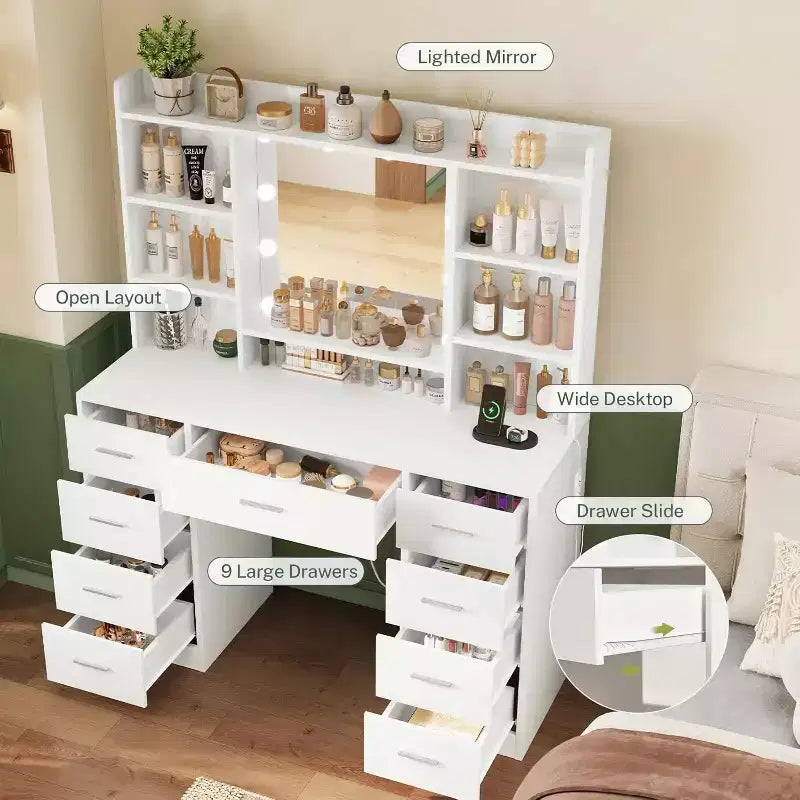 Schminktisch mit beleuchtetem Spiegel, 9 Schubladen & 6 Ablagen, 3 Beleuchtungsmodi, Steckdosen & USB-Anschlüssen â€?Weißer Make-up-Tisch