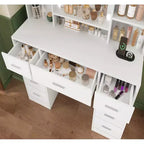 Schminktisch mit beleuchtetem Spiegel, 9 Schubladen & 6 Ablagen, 3 Beleuchtungsmodi, Steckdosen & USB-Anschlüssen â€?Weißer Make-up-Tisch