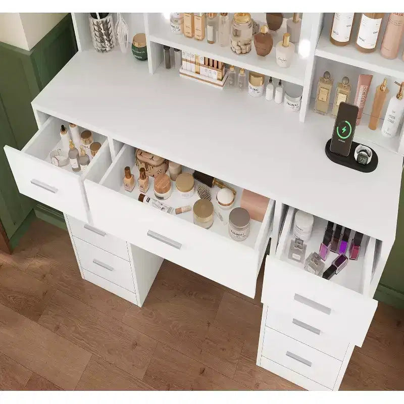 Schminktisch mit beleuchtetem Spiegel, 9 Schubladen & 6 Ablagen, 3 Beleuchtungsmodi, Steckdosen & USB-Anschlüssen â€?Weißer Make-up-Tisch