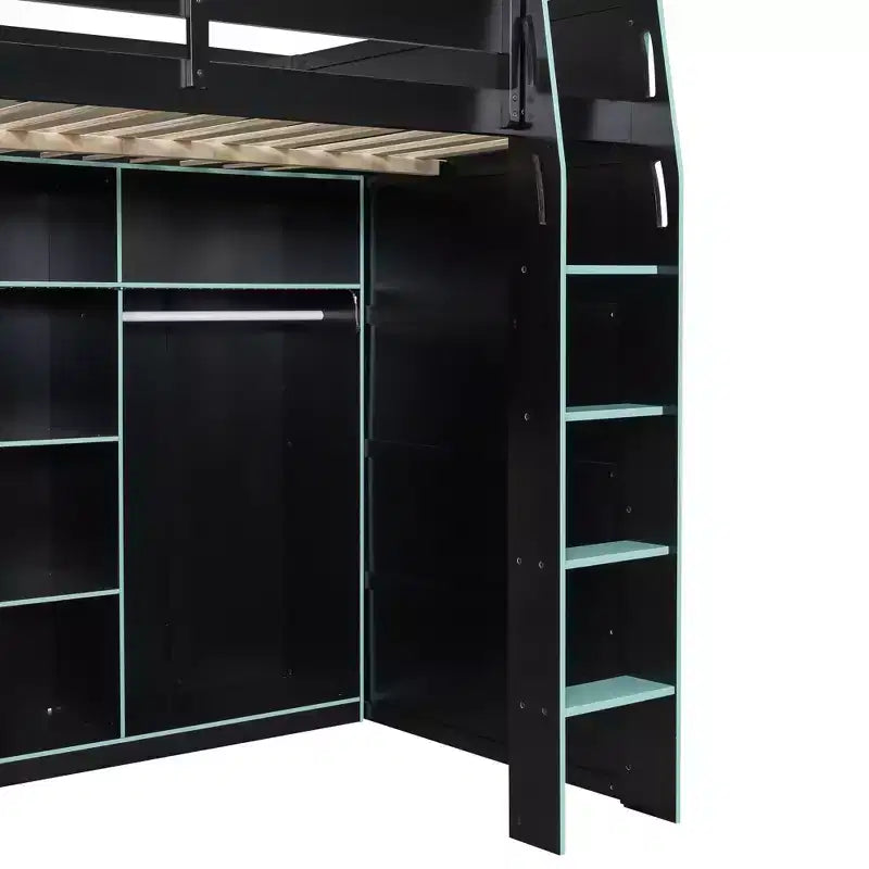 Gaming-Hochbett in voller Größe mit Schreibtisch und RGB-Beleuchtung, Hochbettgestell aus Vollholz mit Kleiderschrank und Staufächern