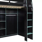 Gaming-Hochbett in voller Größe mit Schreibtisch und RGB-Beleuchtung, Hochbettgestell aus Vollholz mit Kleiderschrank und Staufächern