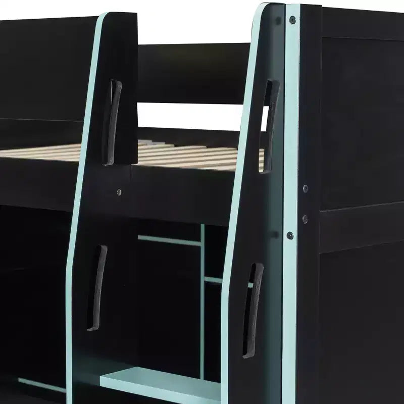 Gaming-Hochbett in voller Größe mit Schreibtisch und RGB-Beleuchtung, Hochbettgestell aus Vollholz mit Kleiderschrank und Staufächern