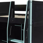 Gaming-Hochbett in voller Größe mit Schreibtisch und RGB-Beleuchtung, Hochbettgestell aus Vollholz mit Kleiderschrank und Staufächern