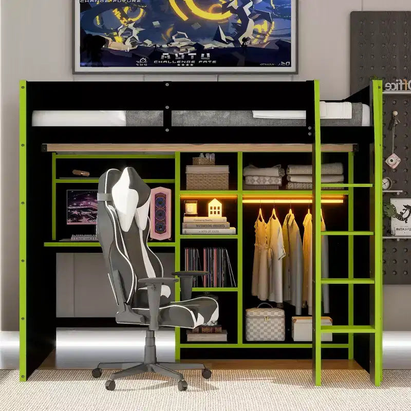 Gaming-Hochbett in voller Größe mit Schreibtisch und RGB-Beleuchtung, Hochbettgestell aus Vollholz mit Kleiderschrank und Staufächern