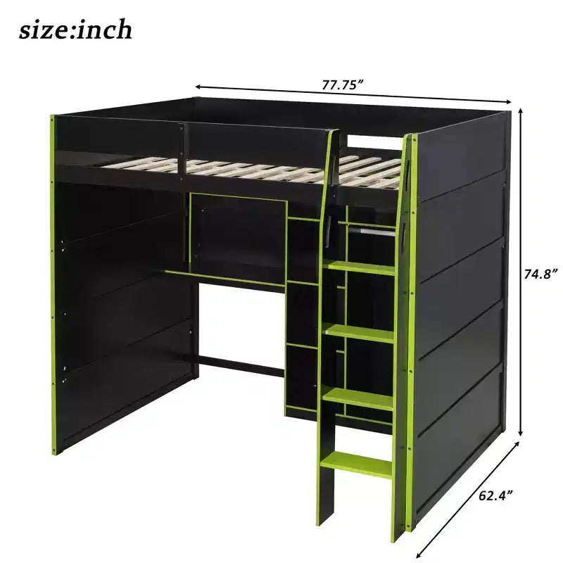 Gaming-Hochbett in voller Größe mit Schreibtisch und RGB-Beleuchtung, Hochbettgestell aus Vollholz mit Kleiderschrank und Staufächern