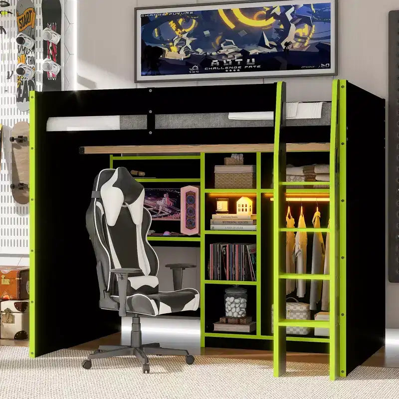 Gaming-Hochbett in voller Größe mit Schreibtisch und RGB-Beleuchtung, Hochbettgestell aus Vollholz mit Kleiderschrank und Staufächern